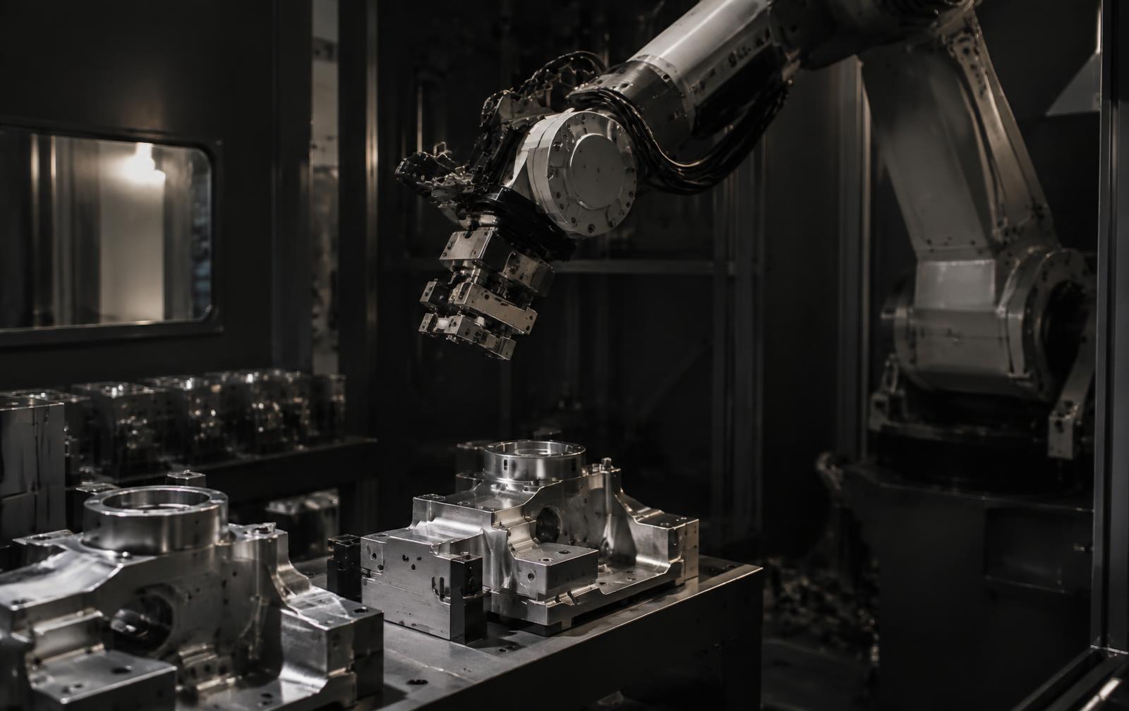 Robotic arm handling precision machined components in an advanced manufacturing cell