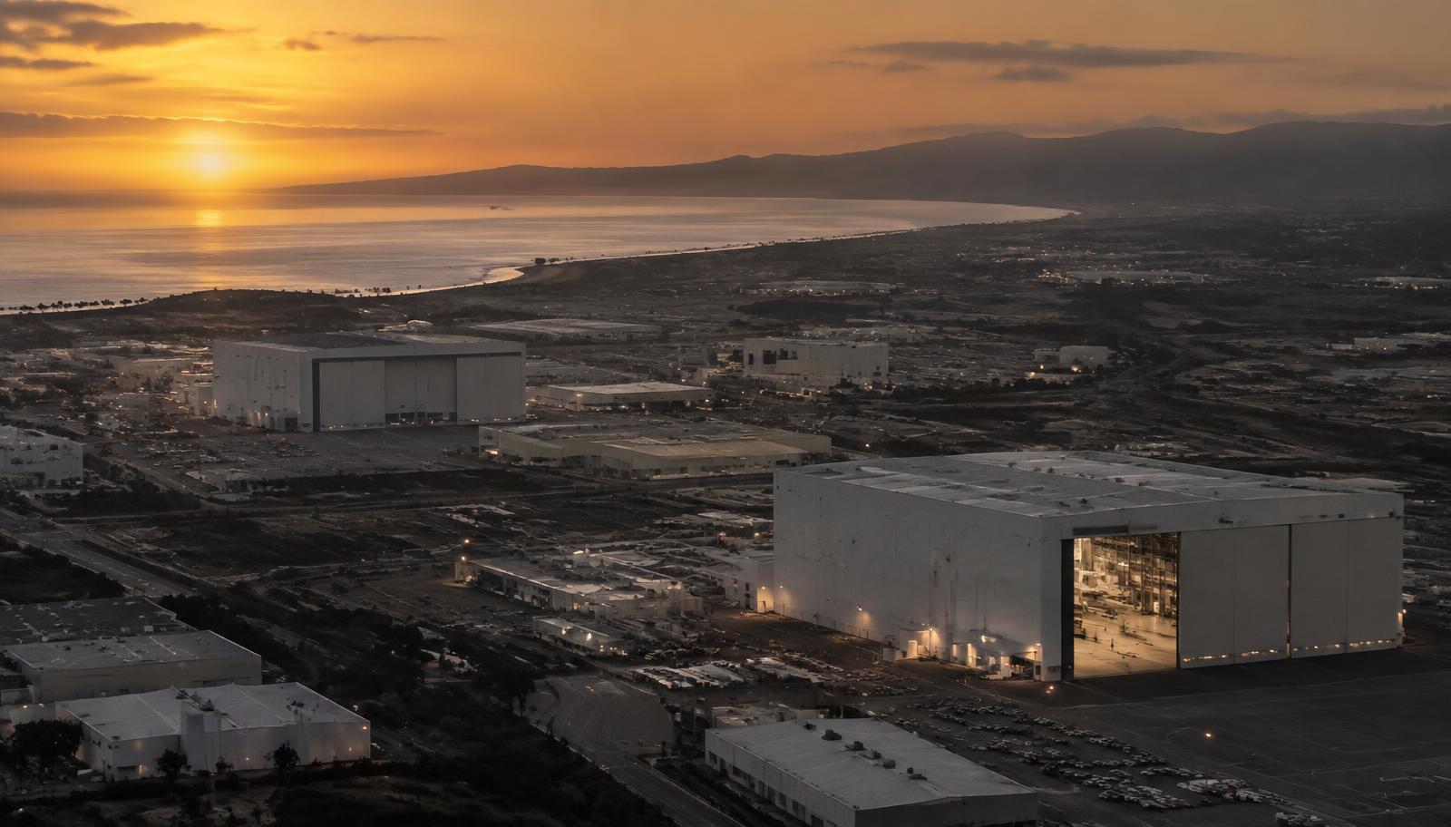 Southern California coastal aerospace industrial district at dusk